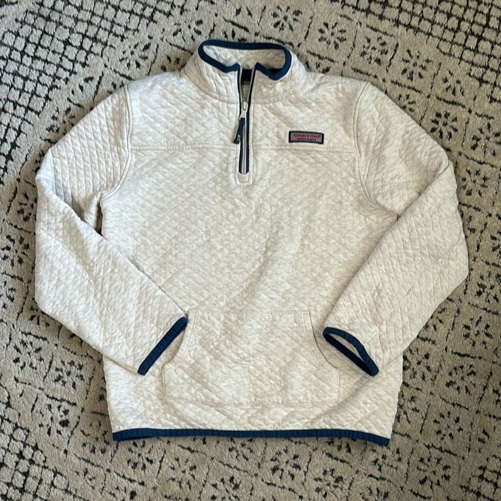 Vineyard Vines Cream Quilted Half-Zip Pullover with Navy Trim
